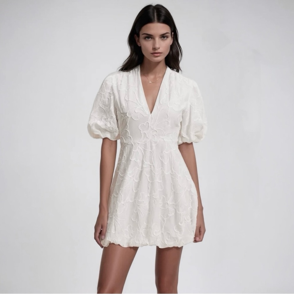Christian Lacroix Floral Embroidery V Neck Puff Sleeve Bubble Hem Mini Dress - Picture 3 of 16